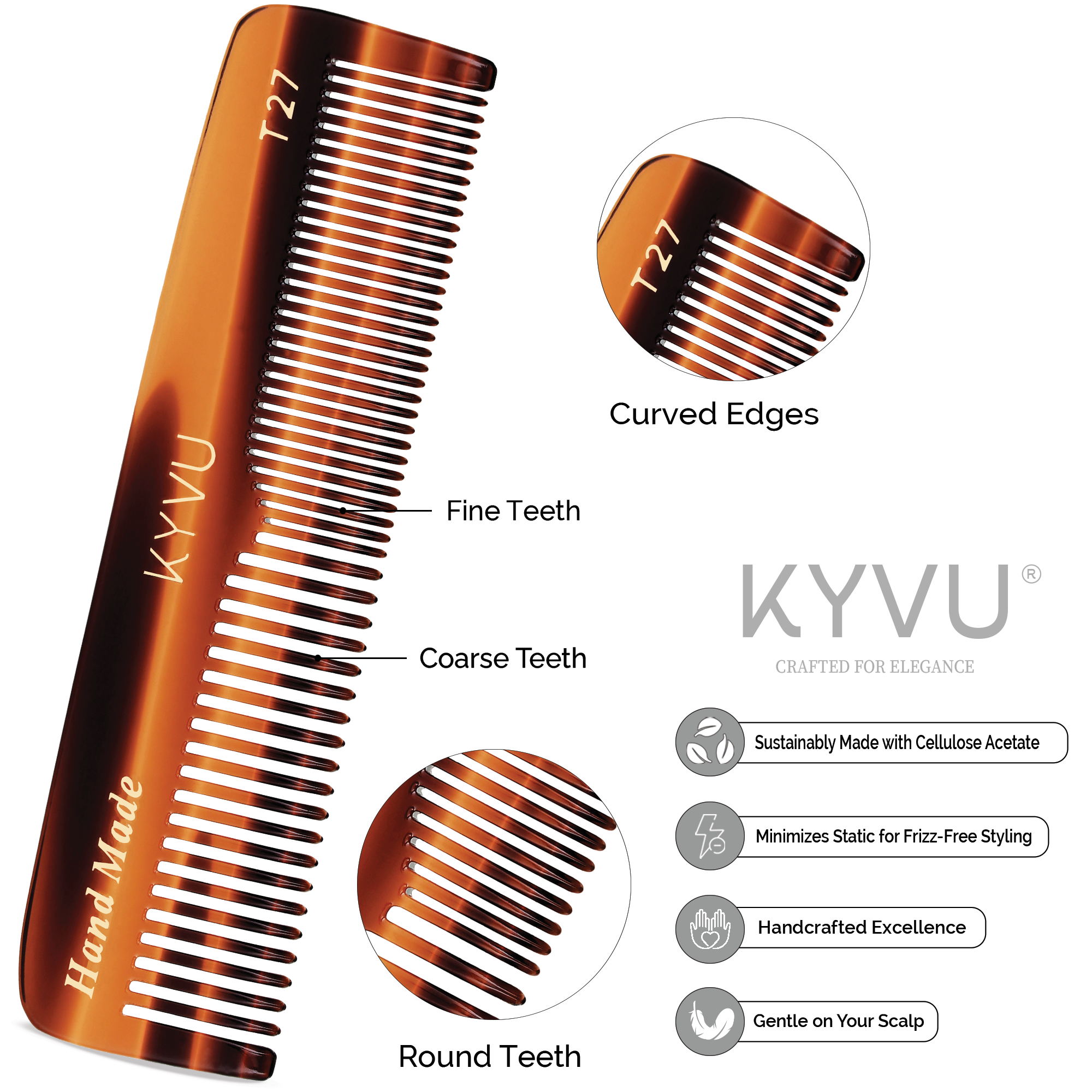 KYVU T27 tortoiseshell comb teeth closeup dual coarse fine rounded tips, hand-polished snag-free smoothing detangling thick textured curly hair precision grooming