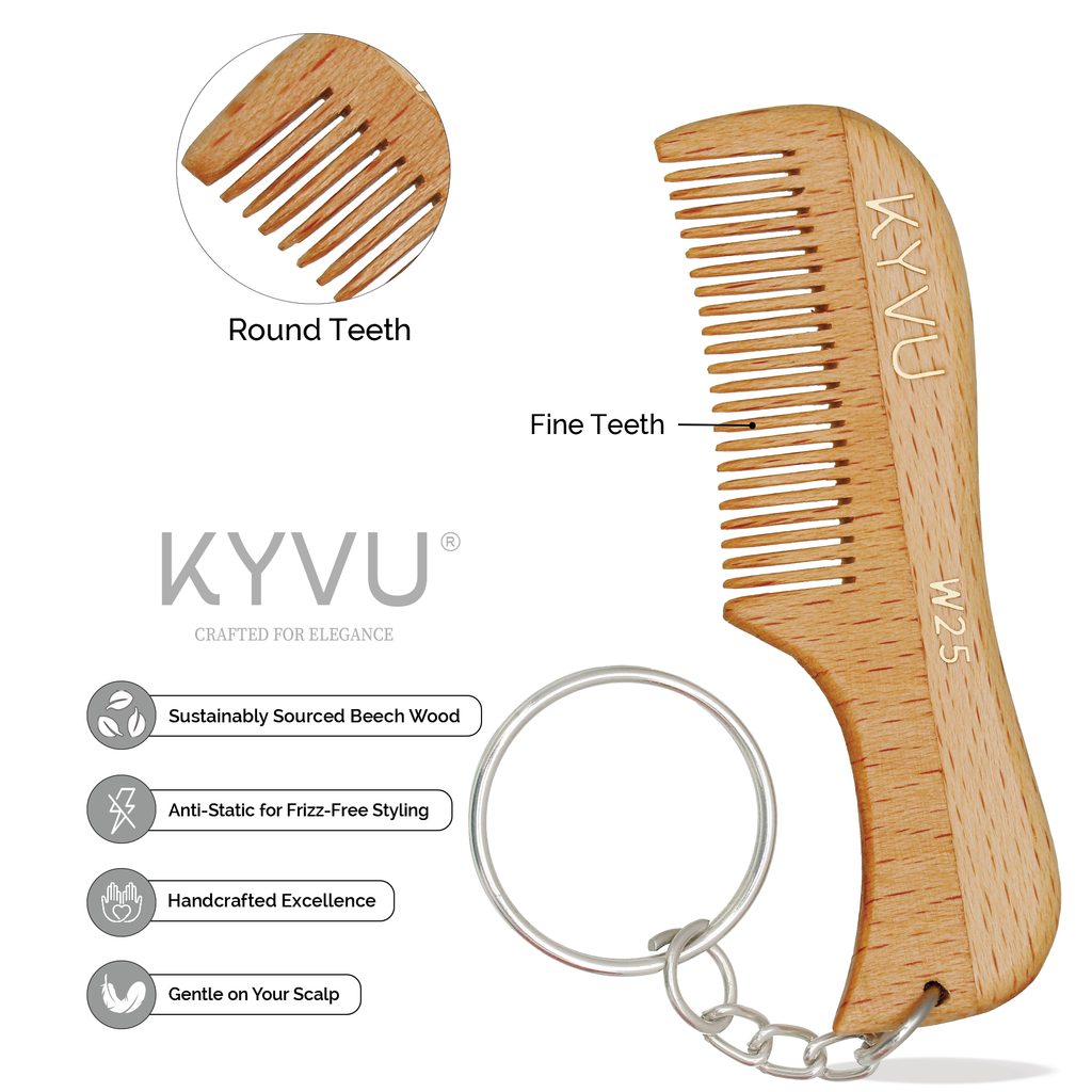 Handmade 7.5 cm Beechwood Moustache & Beard Comb with Key Ring (W25)