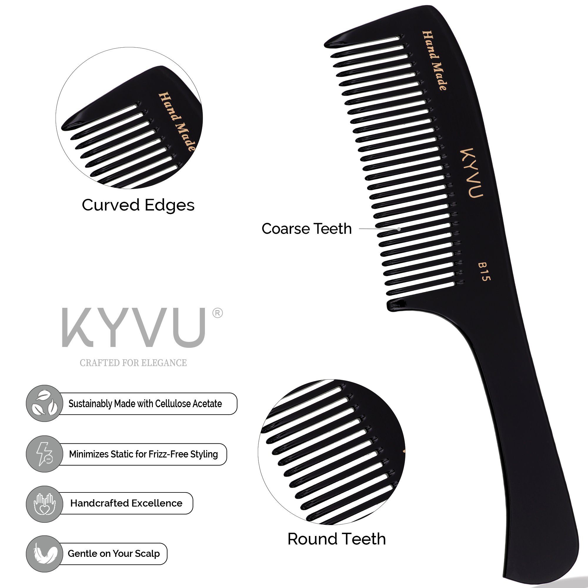 Handmade 21.8 cm Coarse Hair Styling Comb (B15)