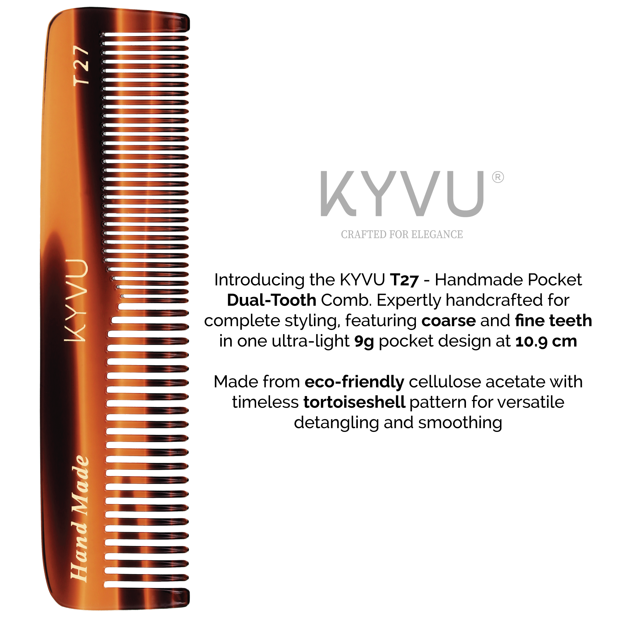YVU T27 vertical view tortoiseshell pocket comb 10.9cm 9g, dual coarse fine teeth hand-sawn cellulose acetate ultra-light travel grooming thick curly hair essential
