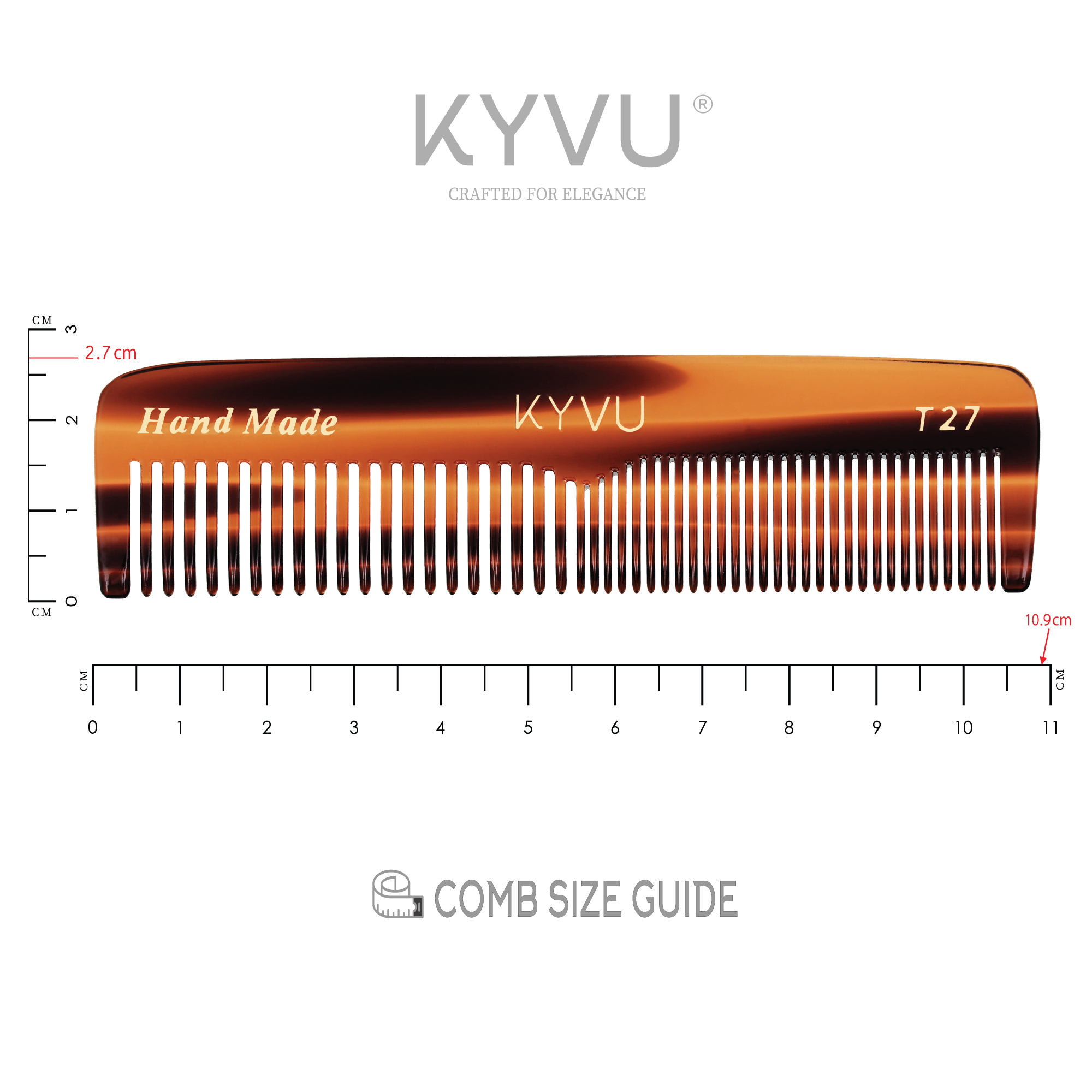 KYVU T27 comb size guide 10.9cm x 2.7cm x 0.375cm dimensions comparison, ultra-compact 9g pocket design tortoiseshell dual coarse fine teeth thick hair grooming